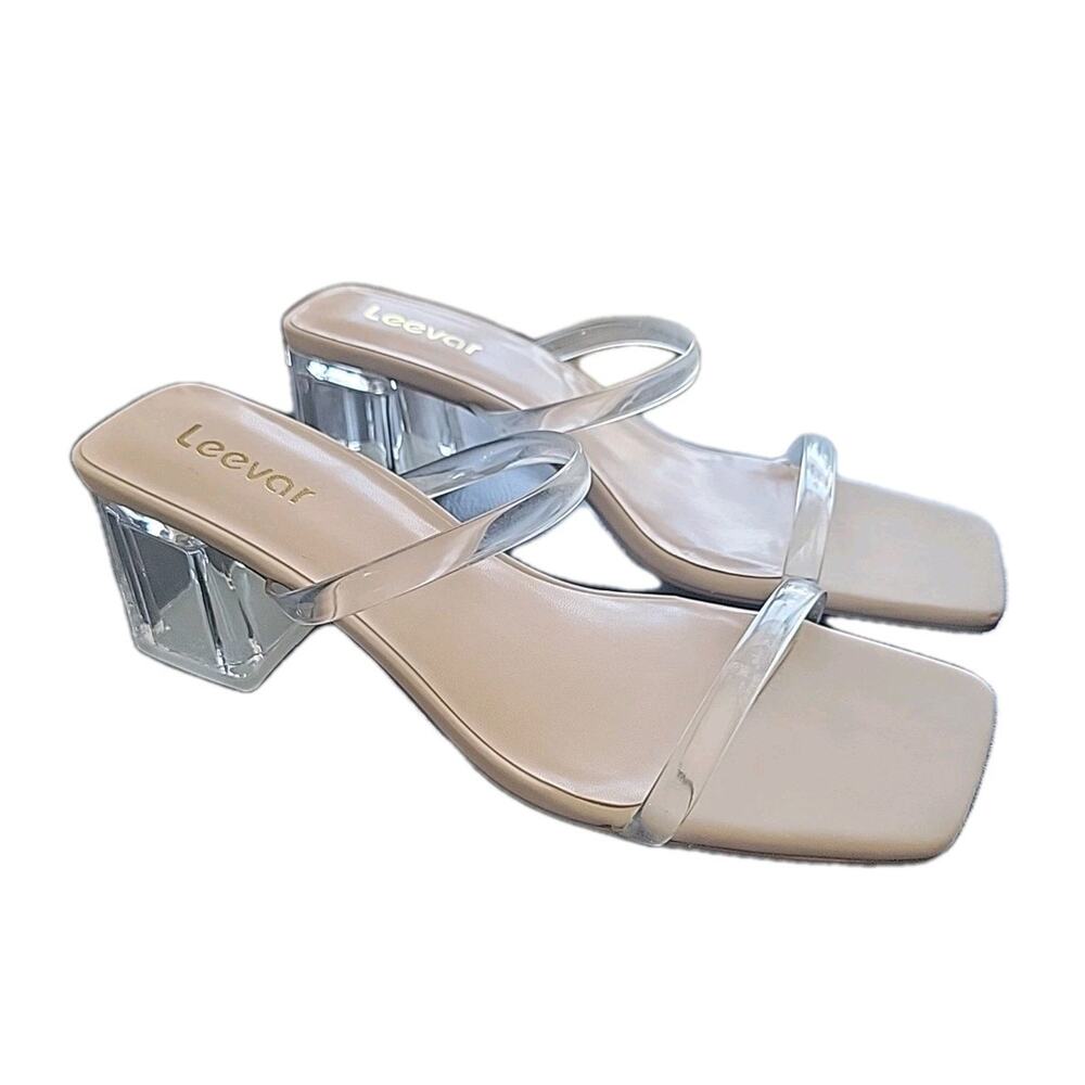 Leevar Square Toe Heeled Sandal Women Low Block Heels Clear Size 8